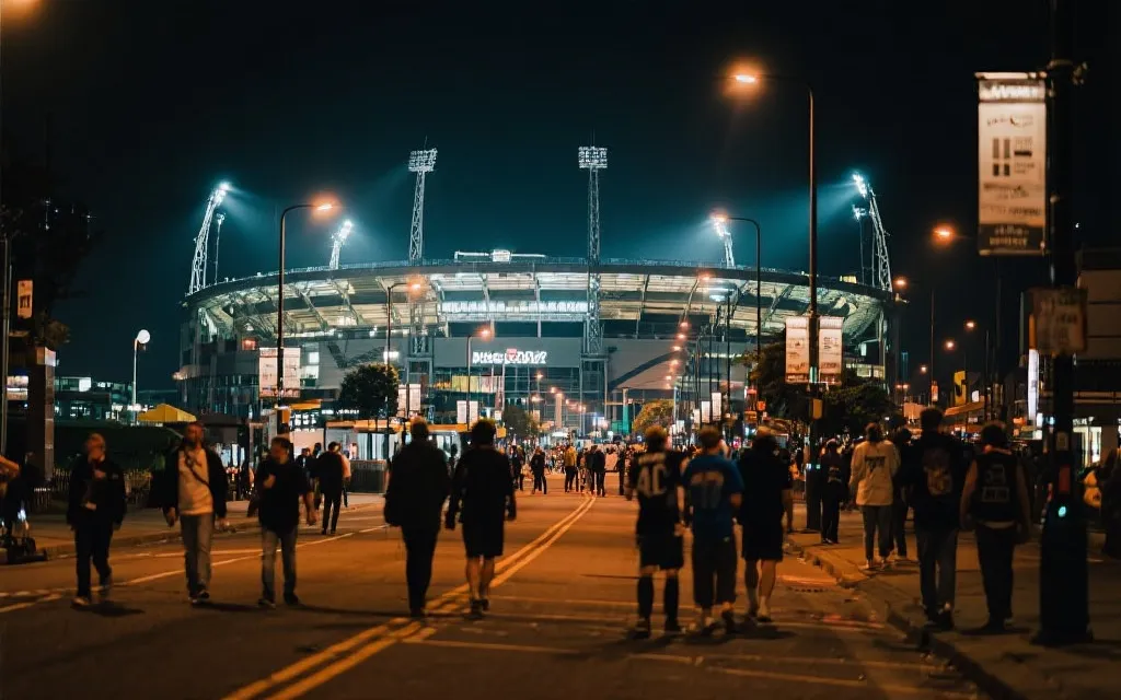 世界杯比赛日：球迷在城市街区与球场之间移动的夜景氛围