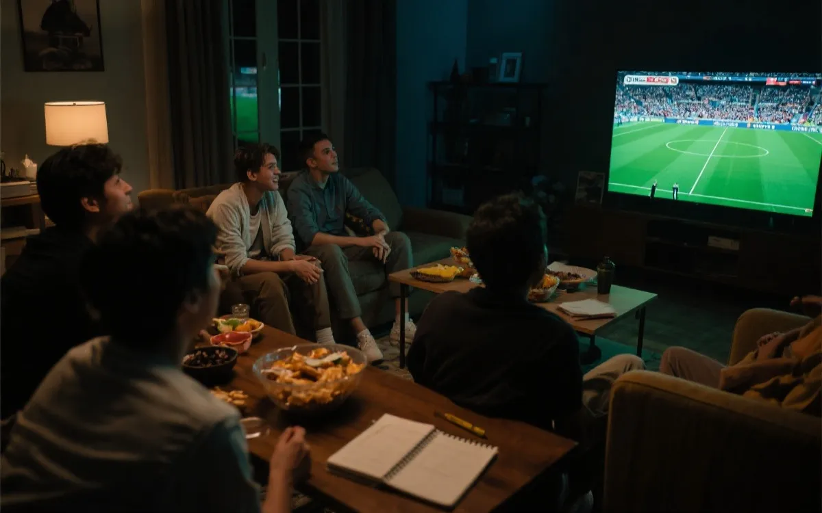 夜晚客厅看球氛围：朋友在电视前观赛与记录赛程