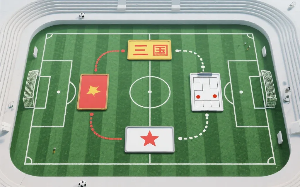 现代足球战术板与球场俯视图的组合画面，呈现三国路线与对抗的战略感