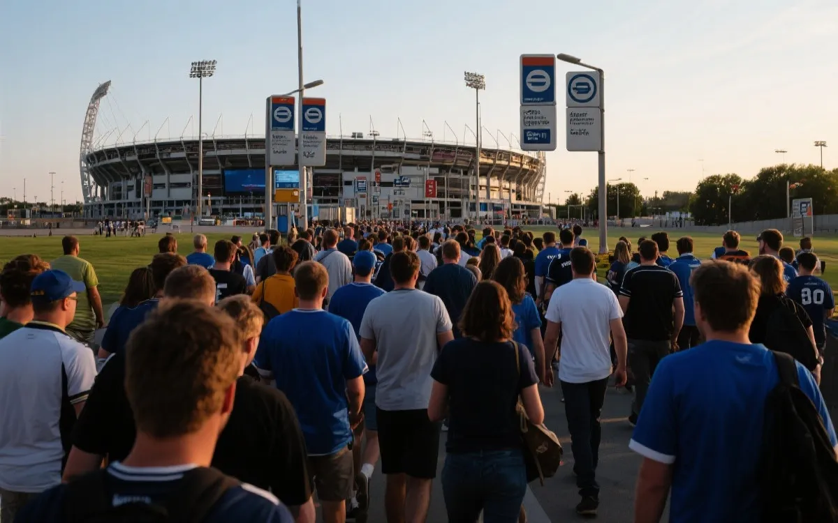 世界杯比赛日的城市公共交通与球迷步行动线示意氛围